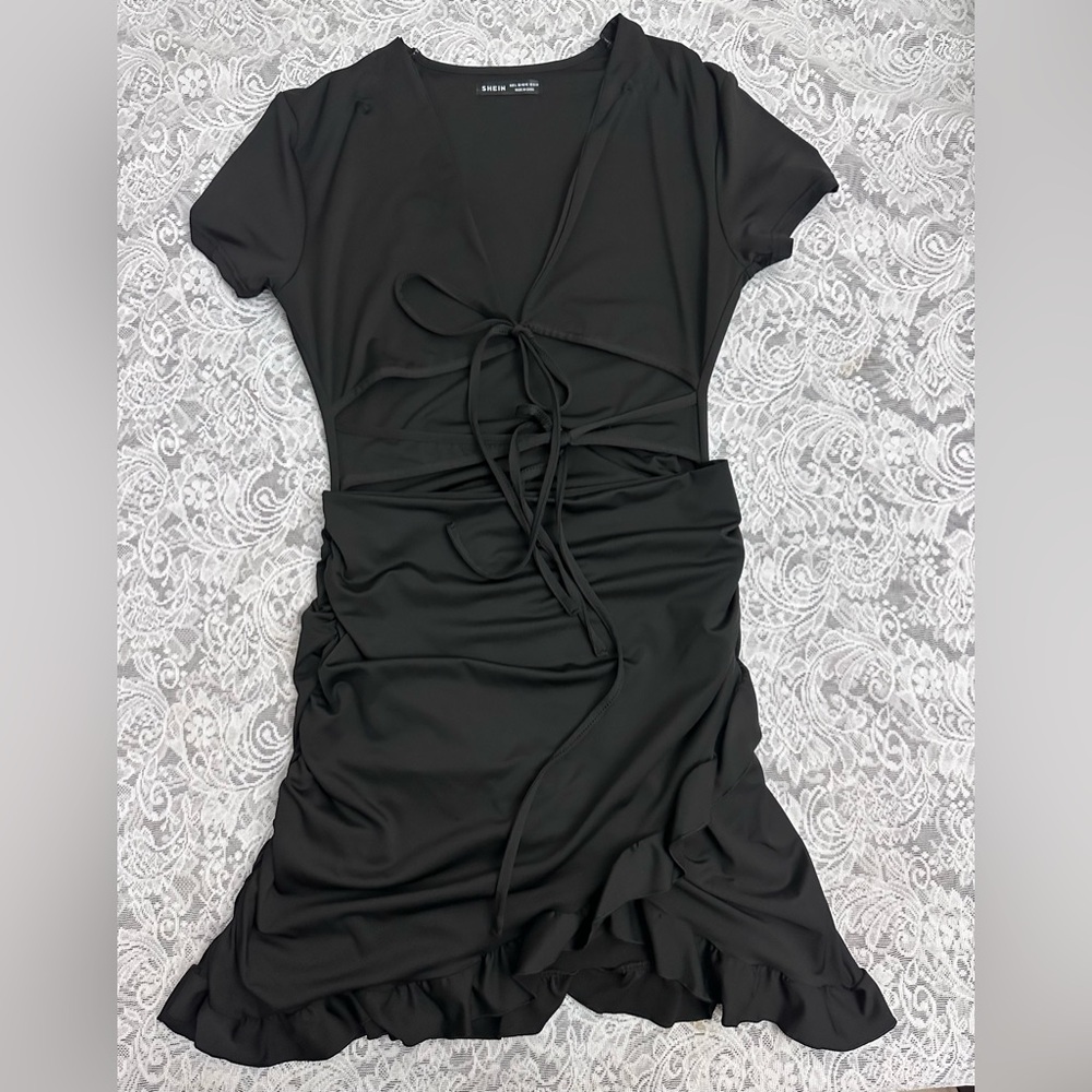 SHEIN Black Ruched Tie Front Mini Dress Ruffle Hem Size L